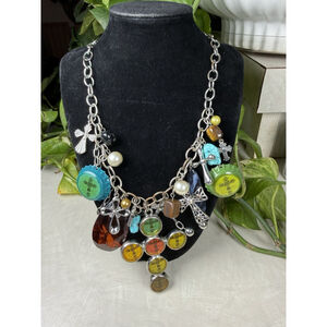 Signed Jewel Chunky Charm Necklace Silver Tone Statement Cross Beads Mixed Media